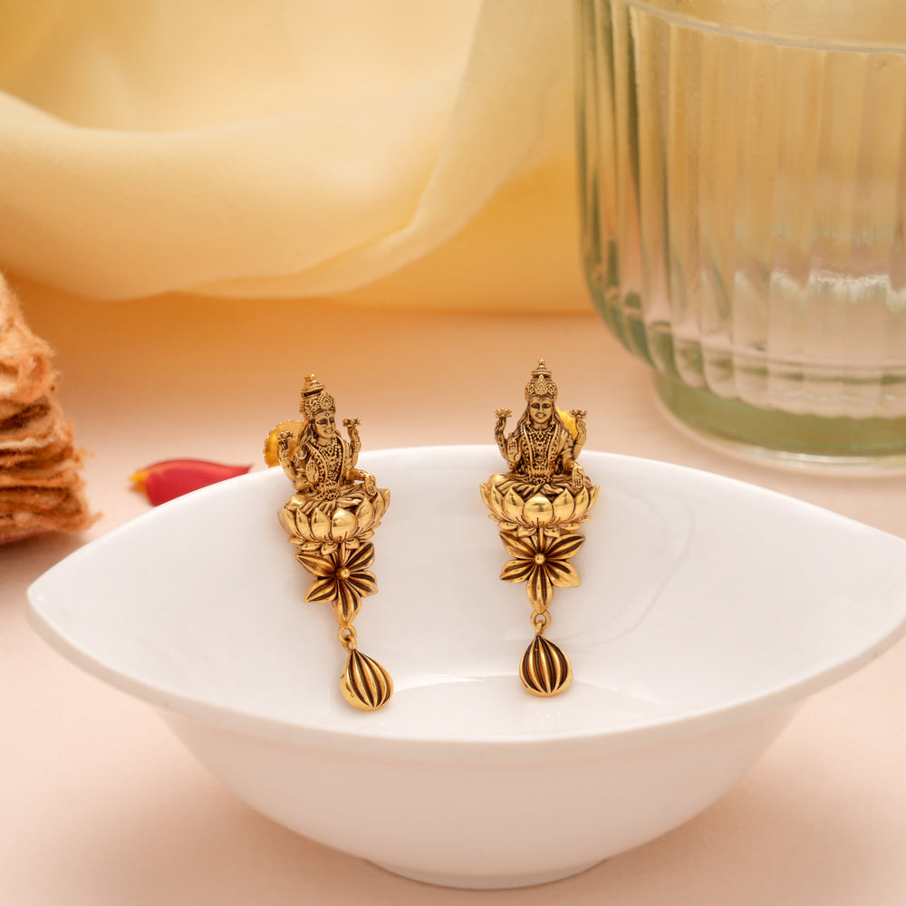 Antique Lakshmi Devi Leaf Drops Gold Stud
