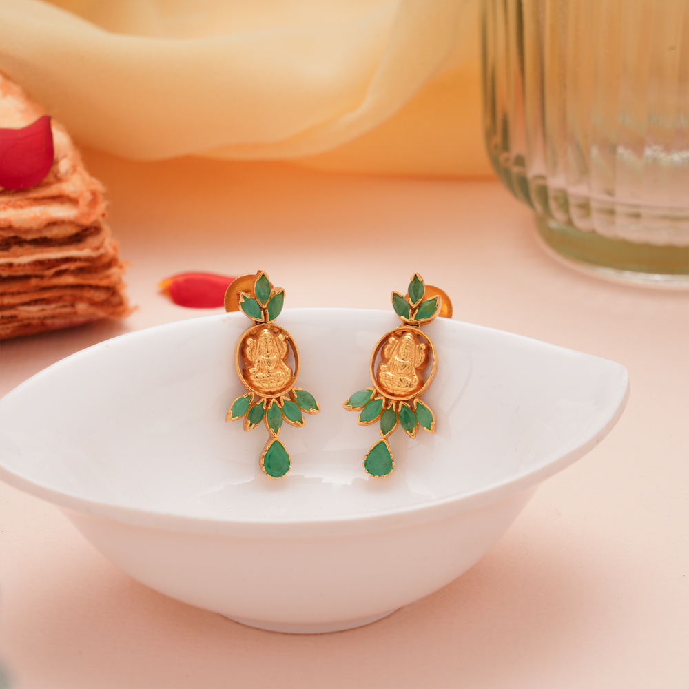 Goddess Lakshmi Emerald Drops Gold Earrings