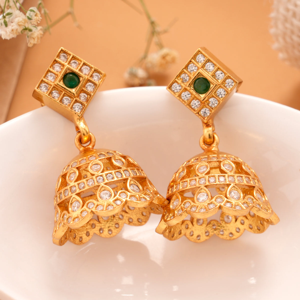 Golden Lakshmi with Hanging Silver Balls Golden Jhumkas