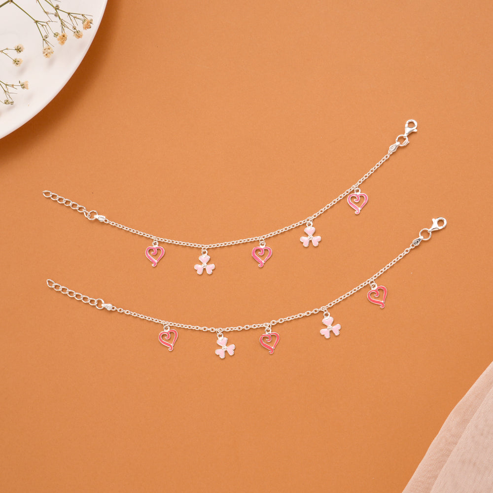 Clover and Heart Pink Enamel Silver Baby Anklets