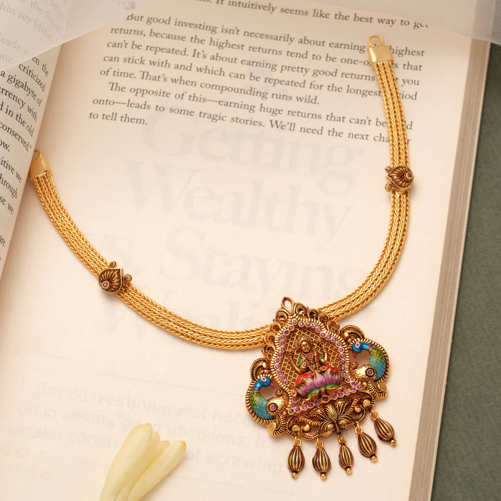 Nagas Lakshmi Peacock Pendant Golden Necklace