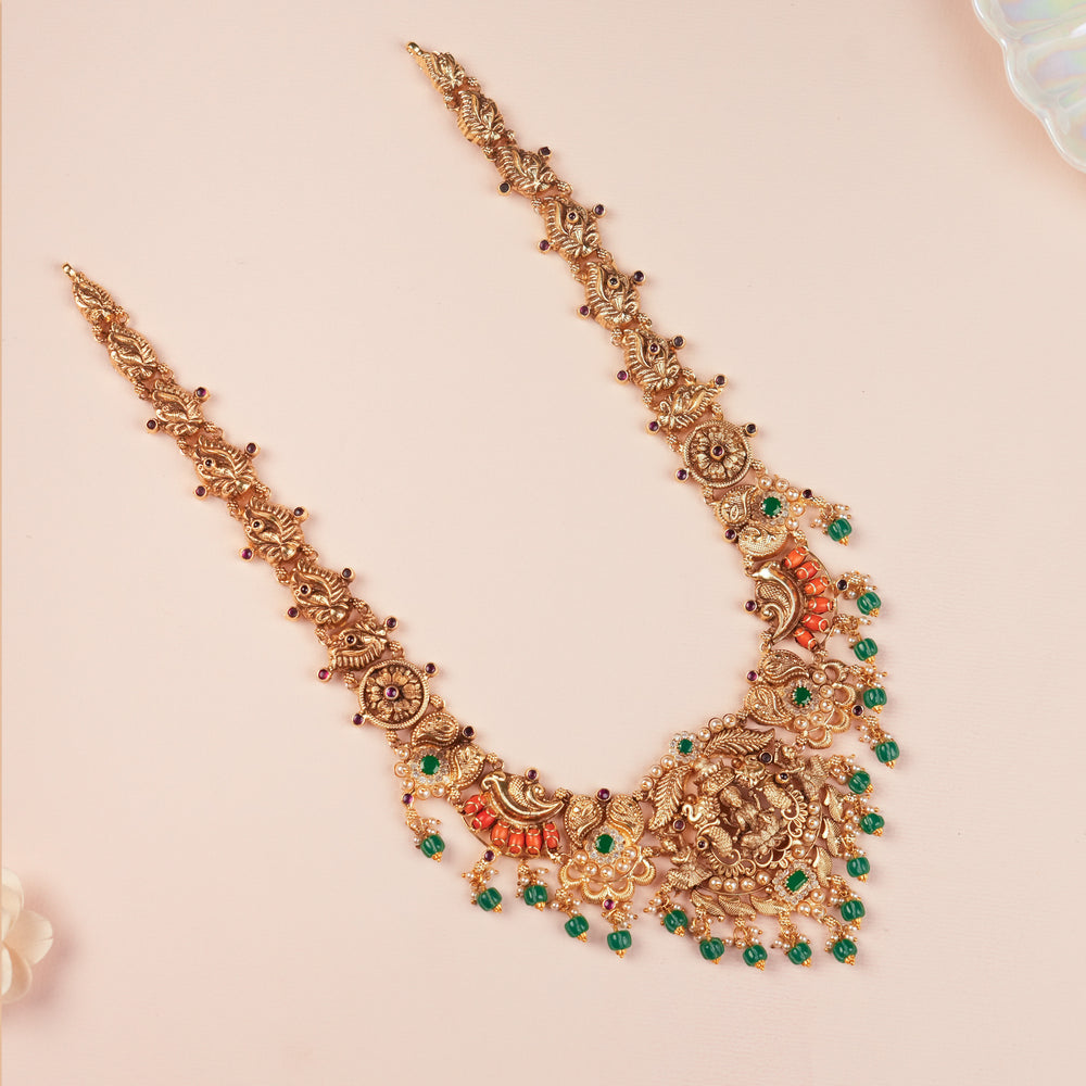 Divine Lakshmi Design Emerald Beads Golden Haram