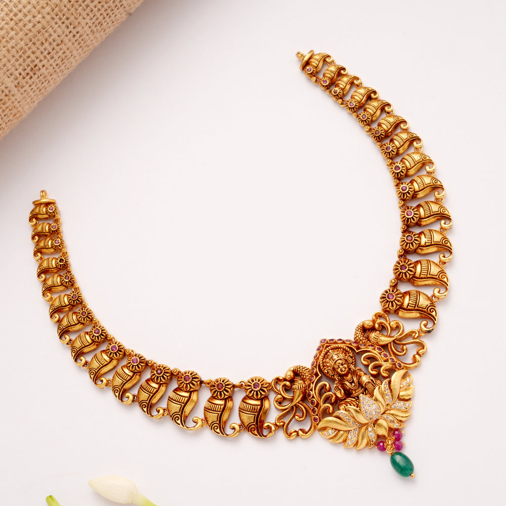 Divine Dhana Lakshmi Emerald Bead Golden Necklace