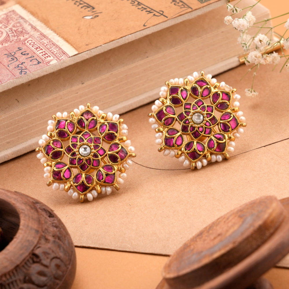 Sparkling Golden Ruby Kundan Stud