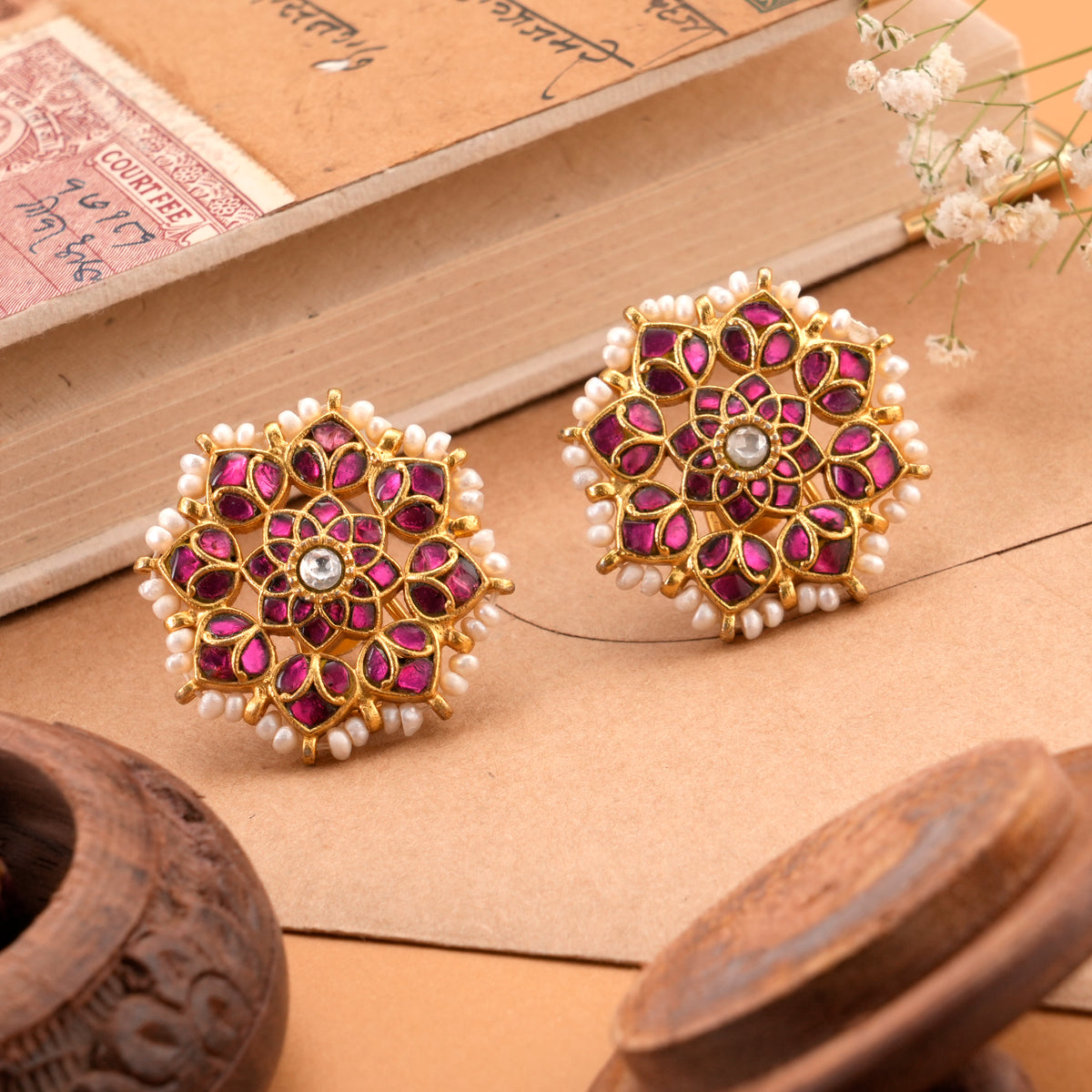 Sparkling Golden Ruby Kundan Stud