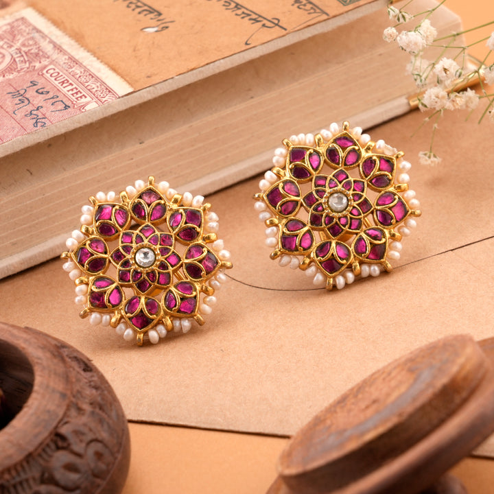 Sparkling Golden Ruby Kundan Stud