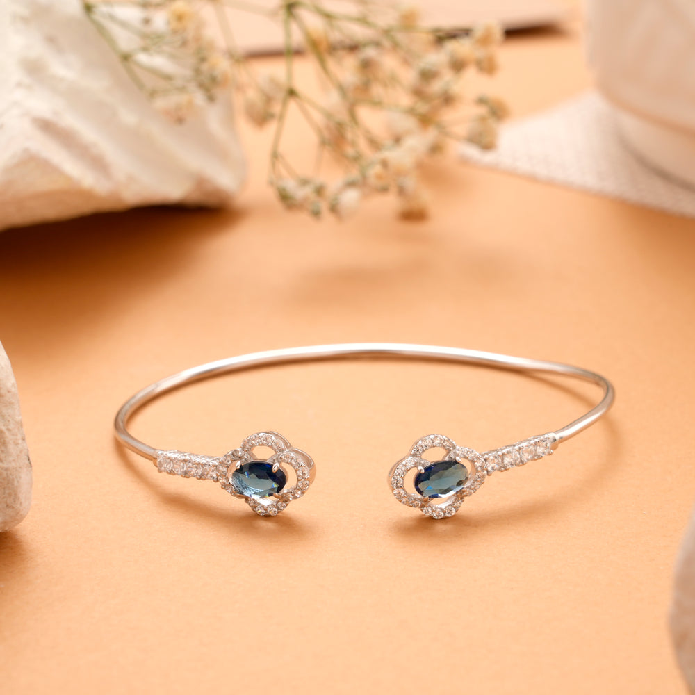 Double Floral Blue Stone Silver Kada