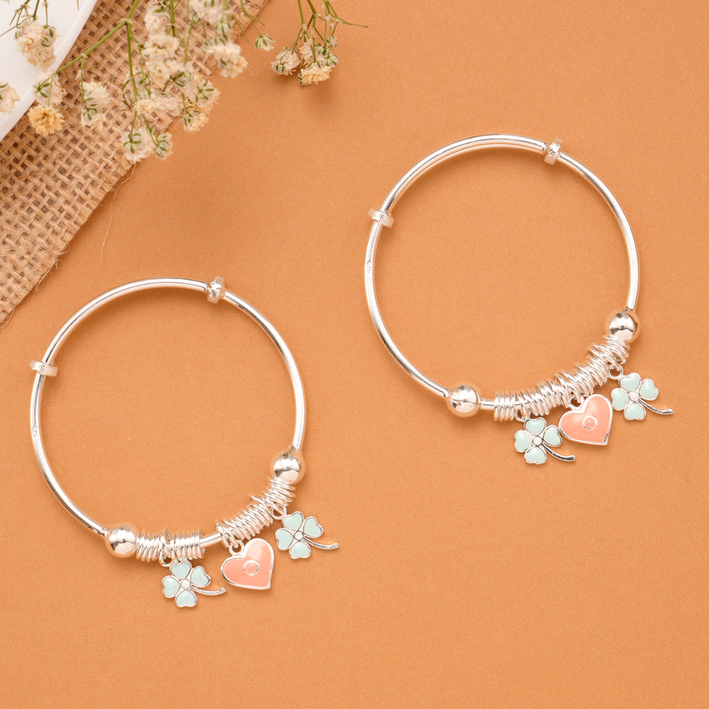 Clover & Peach Heart Charm Baby Silver Bangle