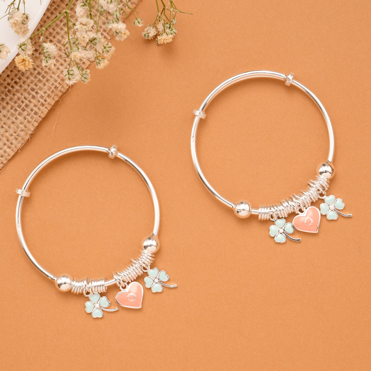 Clover & Peach Heart Charm Baby Silver Bangle