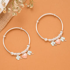 Clover & Peach Heart Charm Baby Silver Bangle