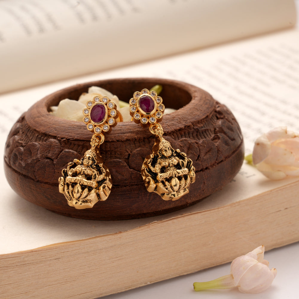 Ruby Stone with Amman Drops Golden Earrings
