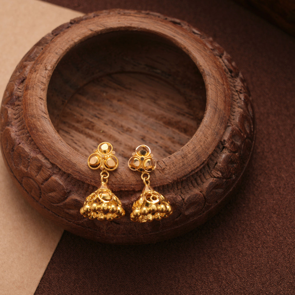 Tiny Charm Tri Floral Design Gold Jhumkas