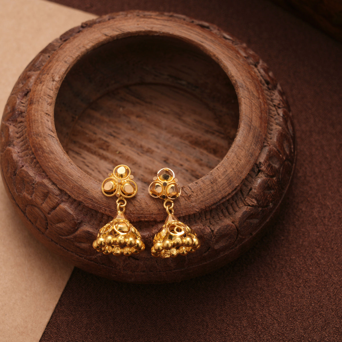 Tiny Charm Tri Floral Design Gold Jhumkas