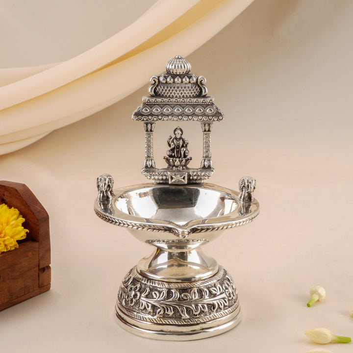 Temple Style Lakshmi Antique Silver Vilakku
