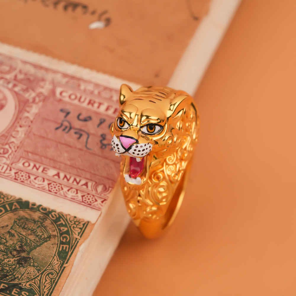 Majestic Royal Tiger Face Statement Gold Ring