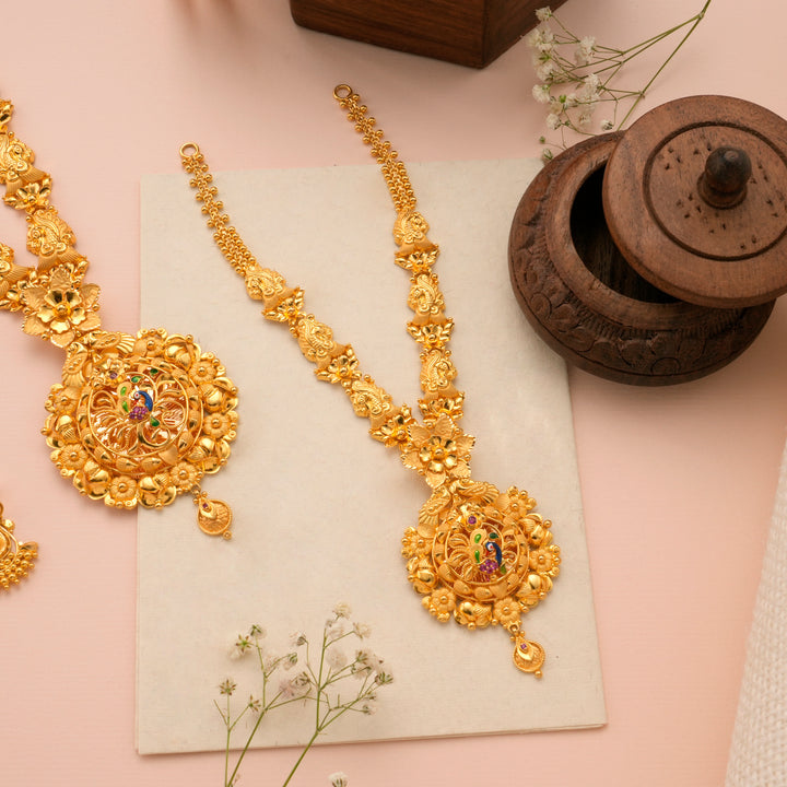 Peacock Design Raindrop Gold Necklace