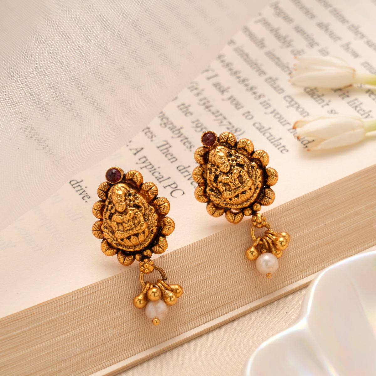 Antique Lakshmi Pearl Bell Drop Golden Stud
