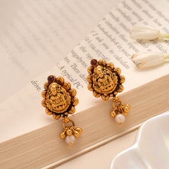 Antique Lakshmi Pearl Bell Drop Golden Stud