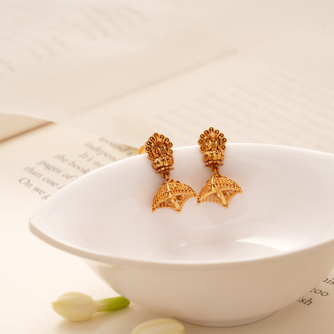 Tiny Charm Nagas Temple Design Golden Jhumkas