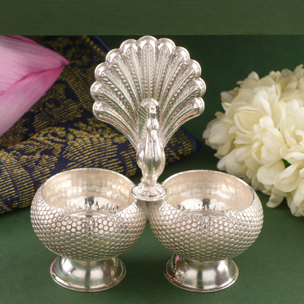 Silver Haldi Kumkum with Peacock Pattern