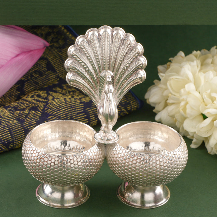 Silver Haldi Kumkum with Peacock Pattern