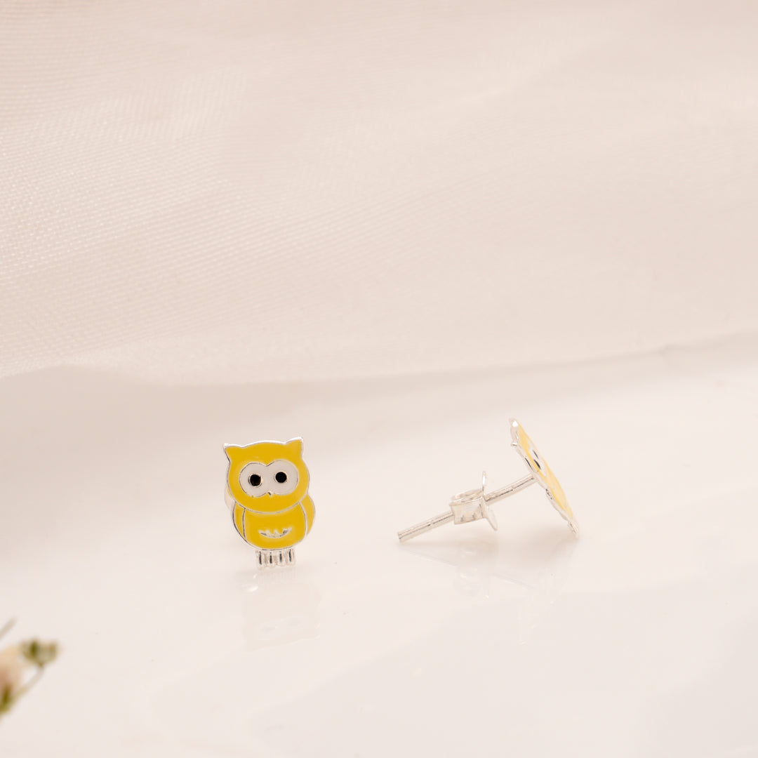 Owl Cartoon Yellow Enamel Silver Stud