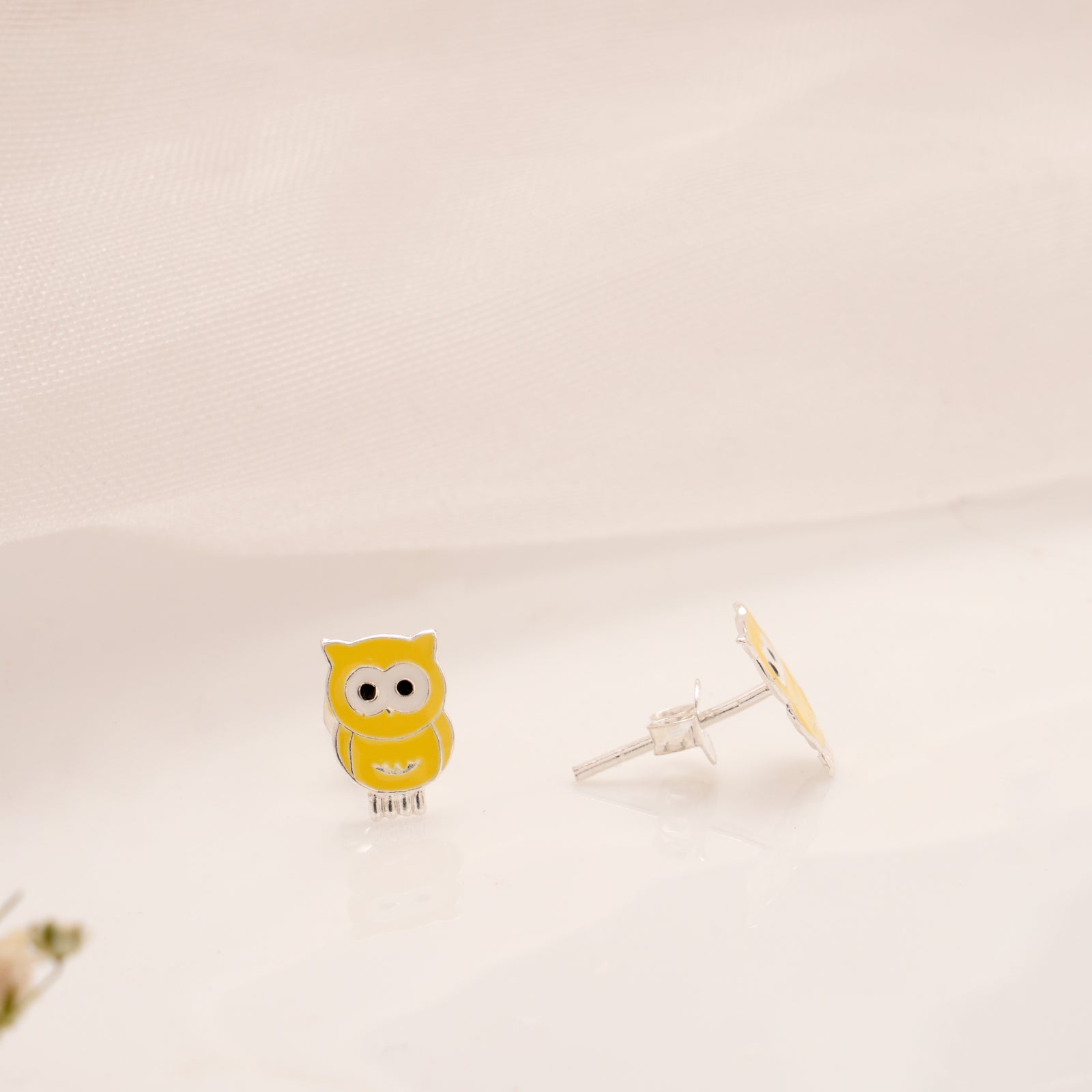 Owl Cartoon Yellow Enamel Silver Stud
