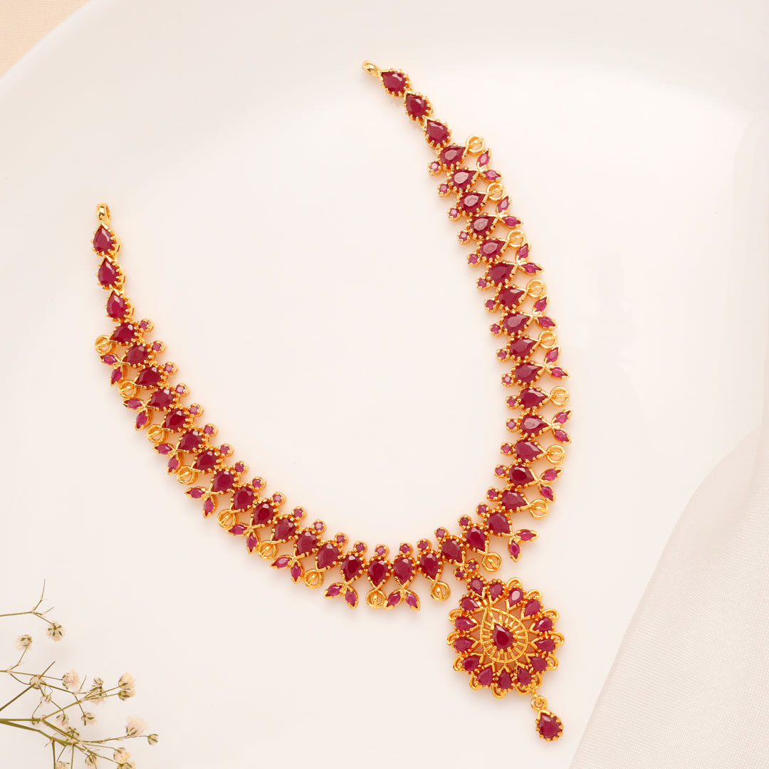 Ruby Floral Drop Silver Necklace Set
