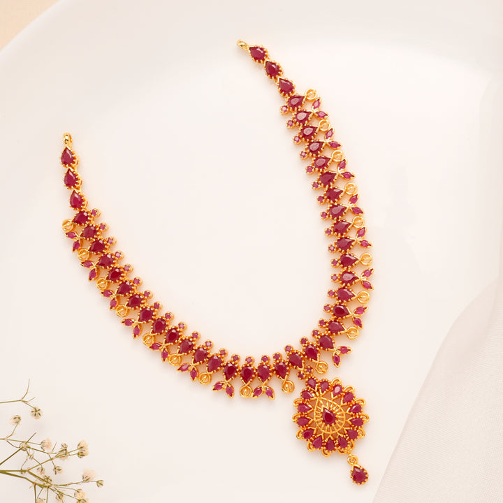 Ruby Floral Drop Silver Necklace Set