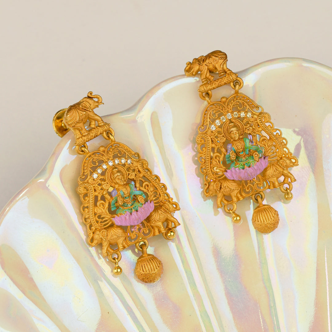 Temple Dome Lakshmi With Drop Gold Earring