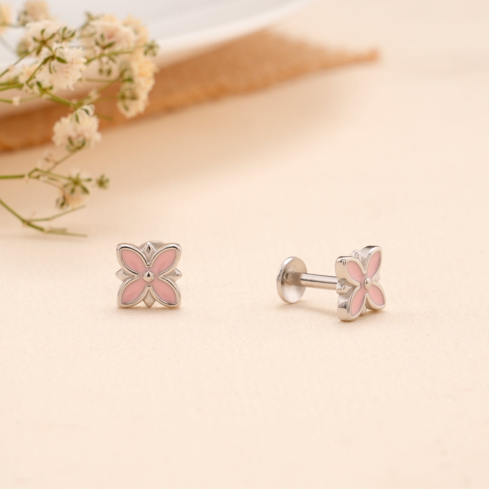 Pink Floral Enamel Silver Stud