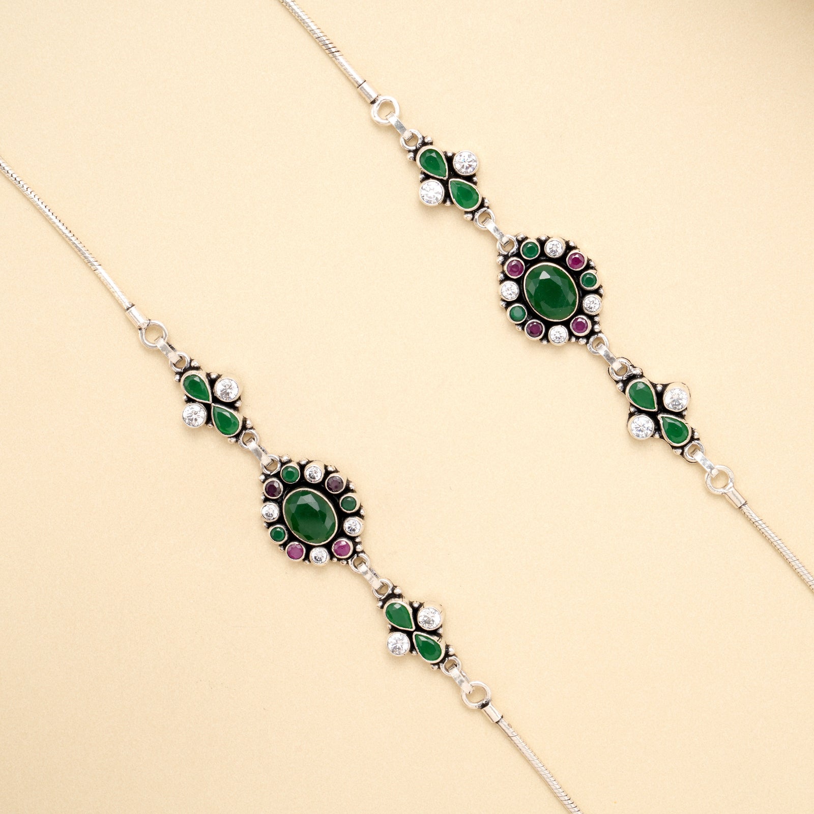 Silver Emerald Royal Bloom Antique Anklet