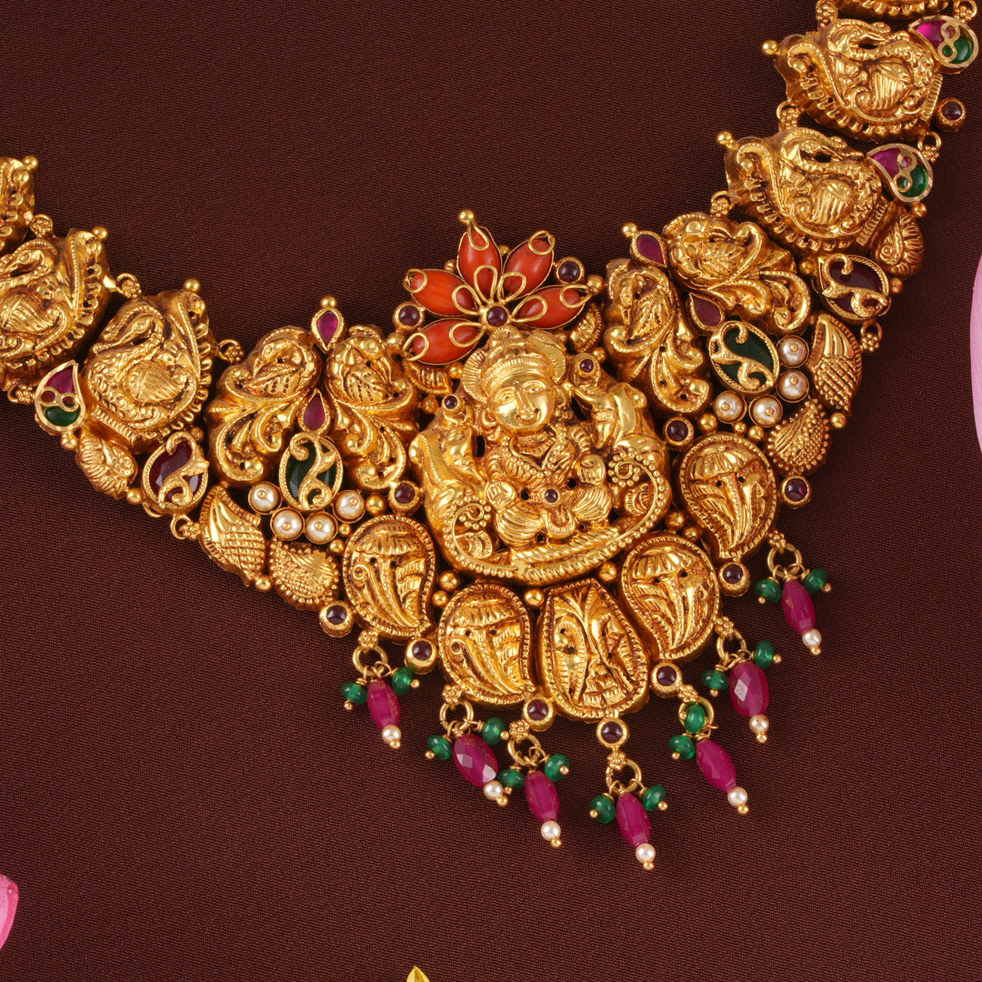 Goddess Lakshmi Ruby Bead Drops Necklace