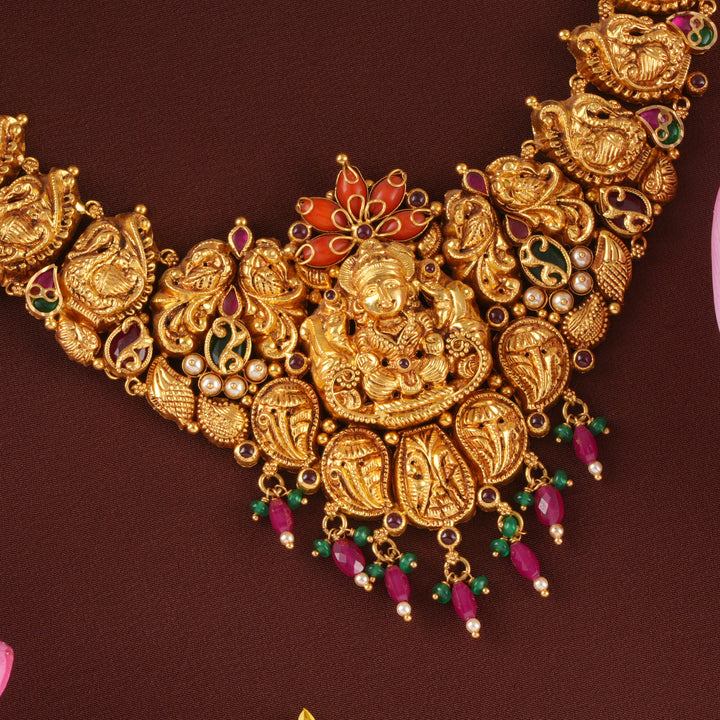Goddess Lakshmi Ruby Bead Drops Necklace