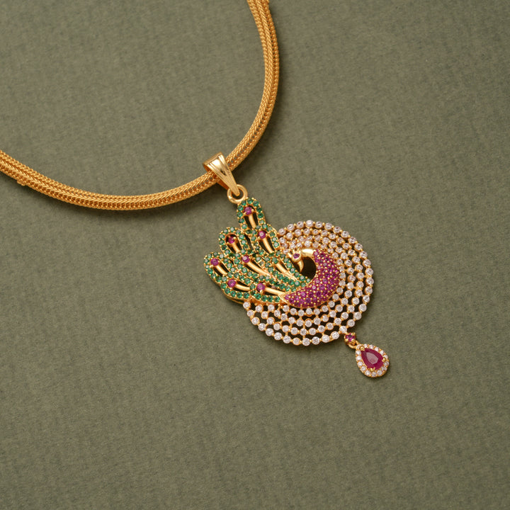Vibrant Circular Peacock Pendant Golden Necklace