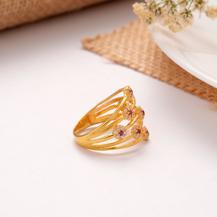 Charming Floral Ruby Layer Stone Golden Ring