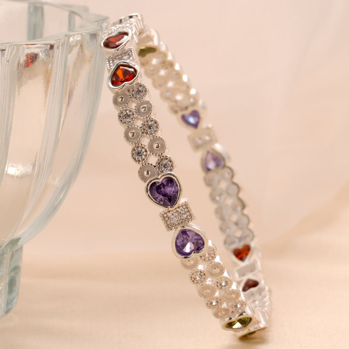 Multi Stone Heart Silver Bangle