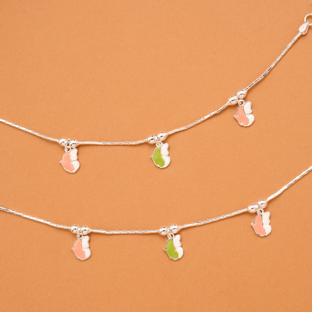 Elegant Green Enamel Butterfly Silver Baby Anklets