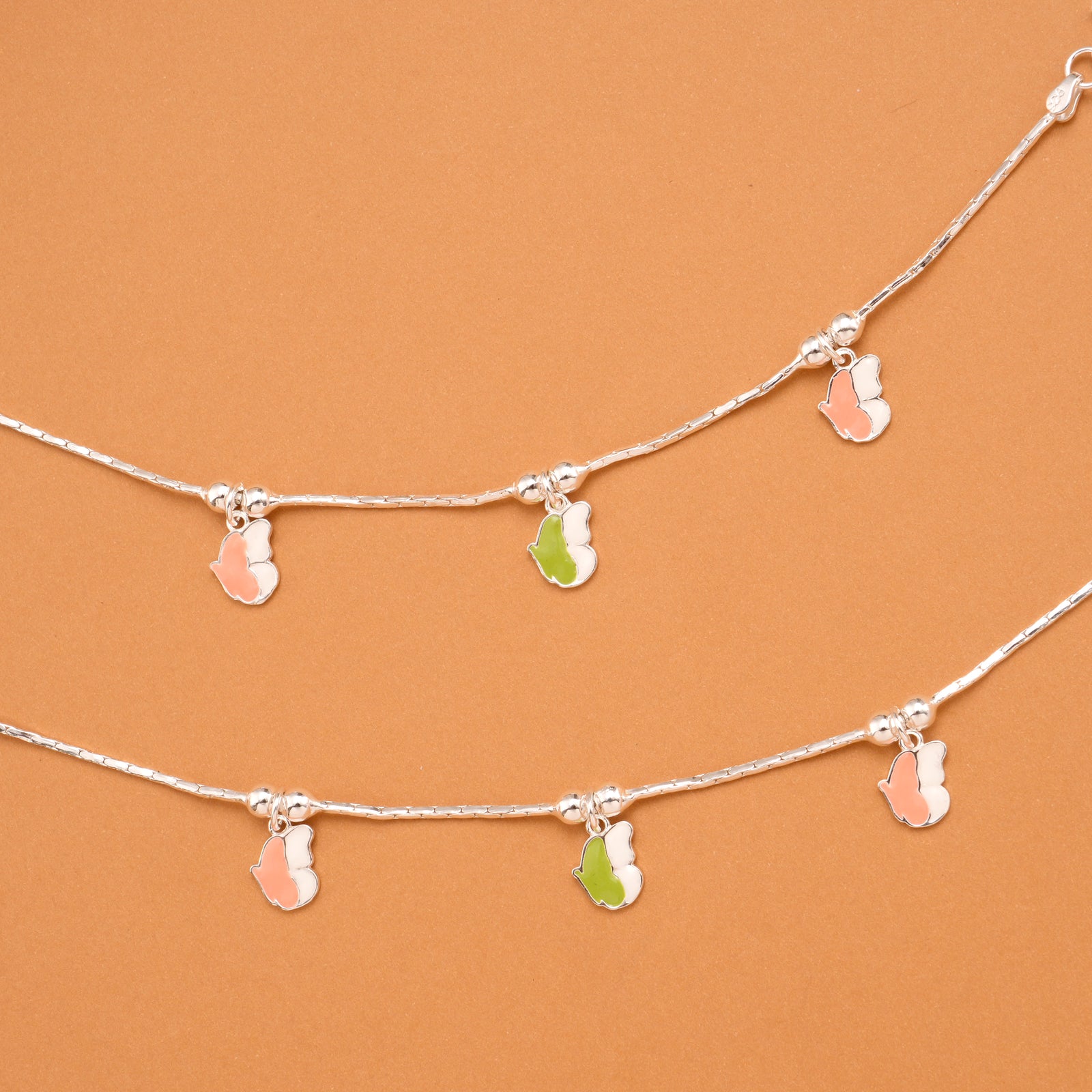 Elegant Green Enamel Butterfly Silver Baby Anklets