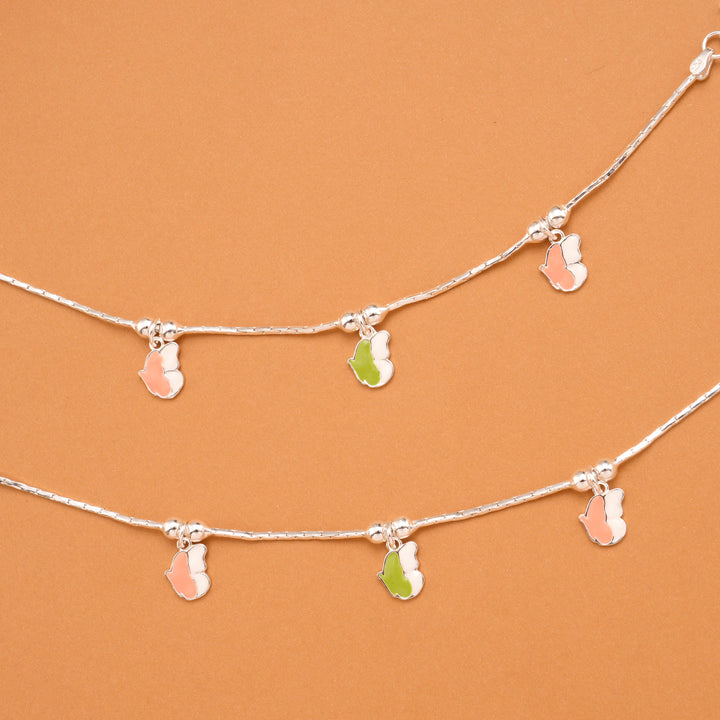 Elegant Green Enamel Butterfly Silver Baby Anklets
