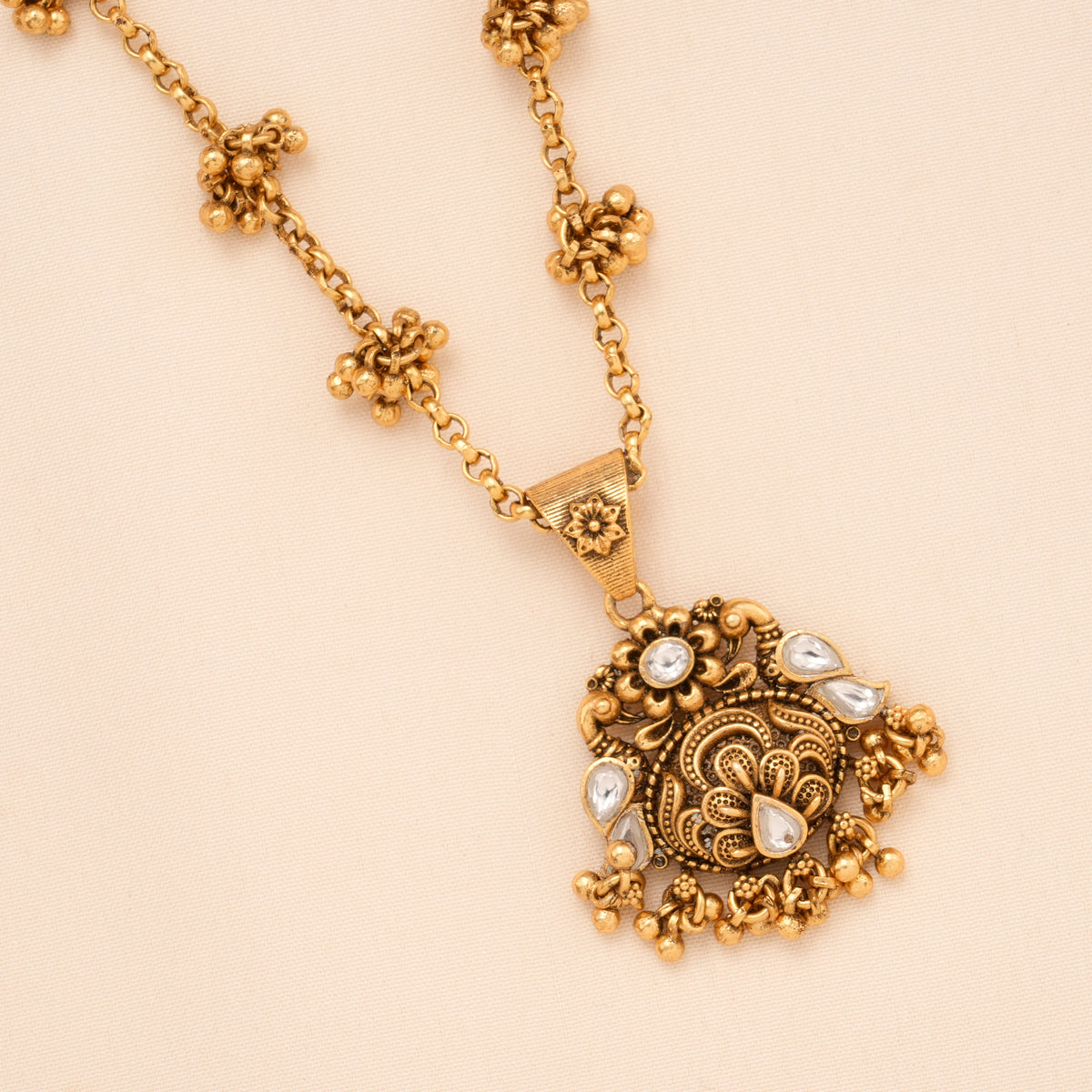 Classic Twin Peacock Floral Golden Necklace Set