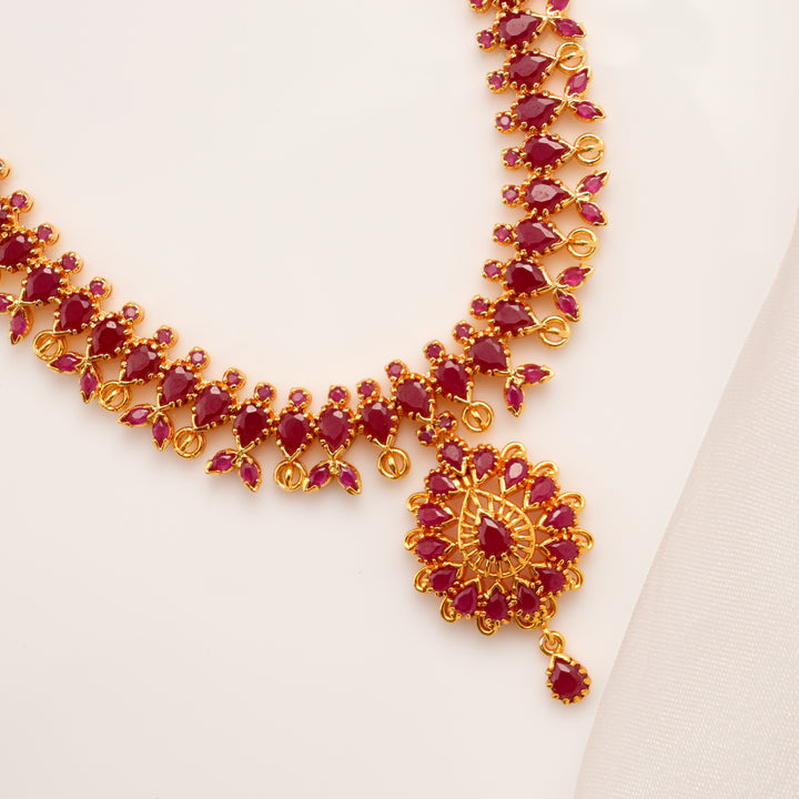 Ruby Floral Drop Silver Necklace Set