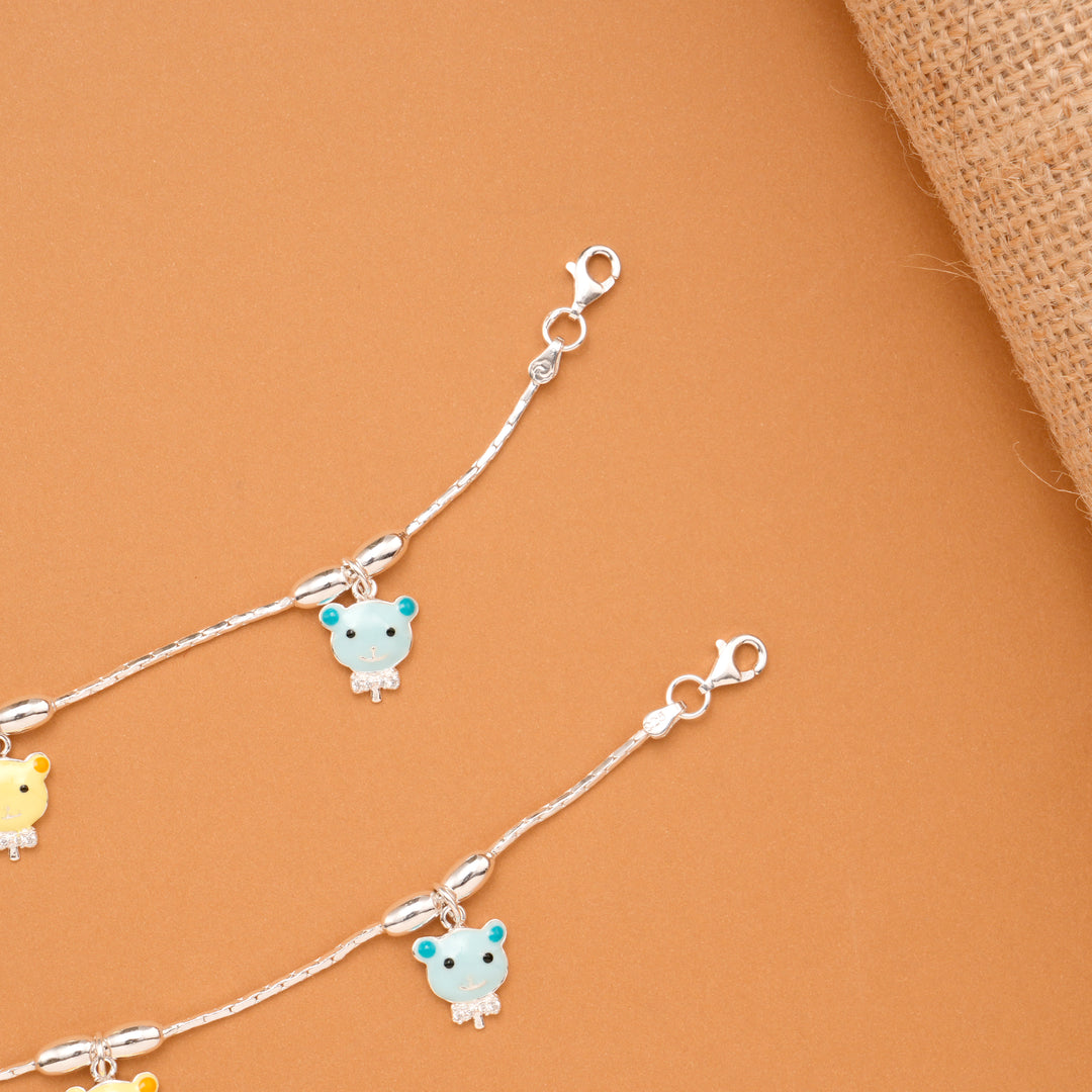 Cute Teddy Bear Charm Baby Silver Anklet
