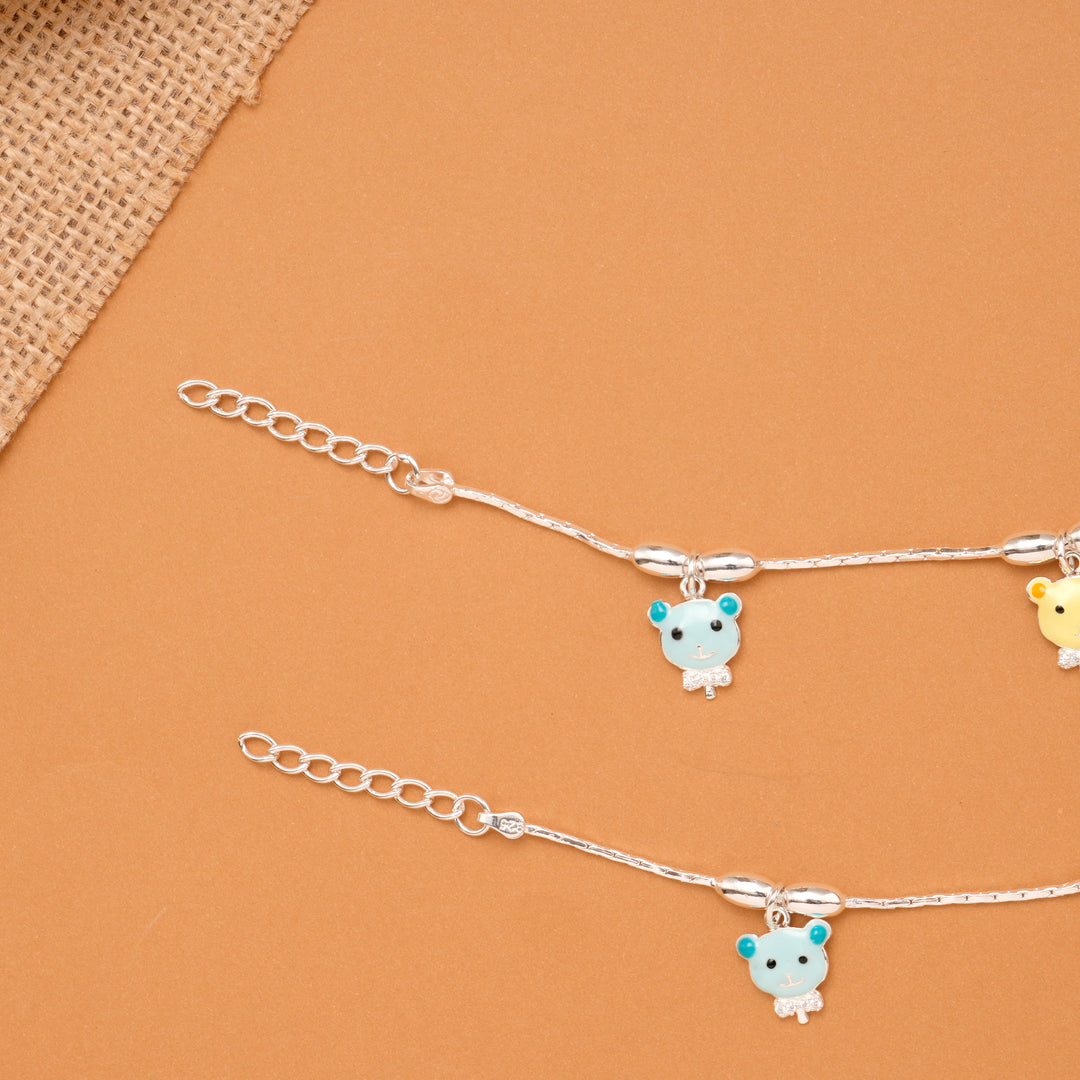 Cute Teddy Bear Charm Baby Silver Anklet