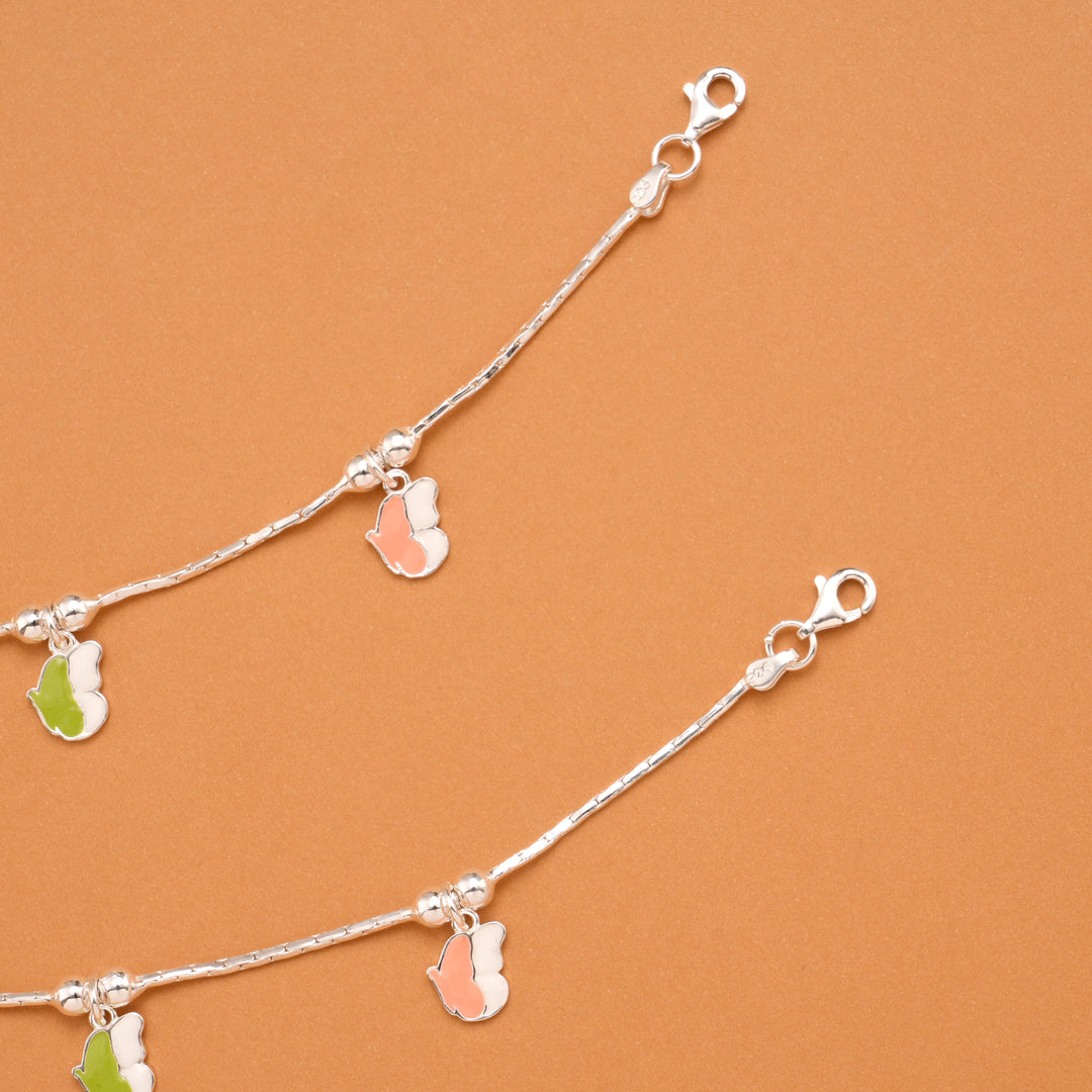 Elegant Green Enamel Butterfly Silver Baby Anklets