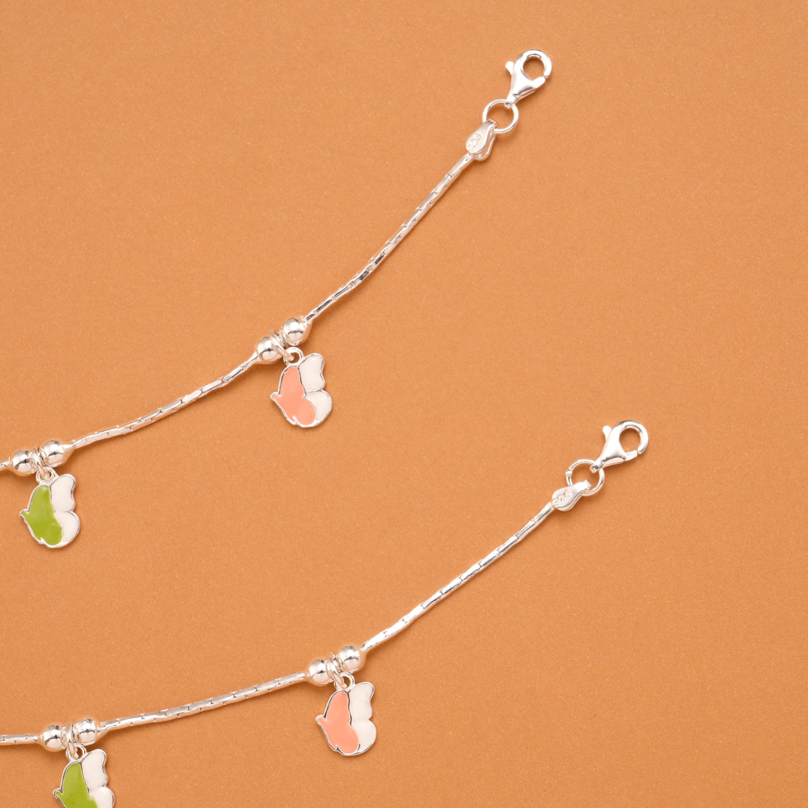 Elegant Green Enamel Butterfly Silver Baby Anklets