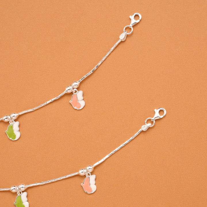 Elegant Green Enamel Butterfly Silver Baby Anklets
