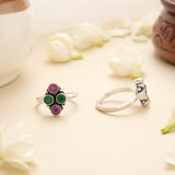Classic Ruby Green Cluster Silver Toe Ring
