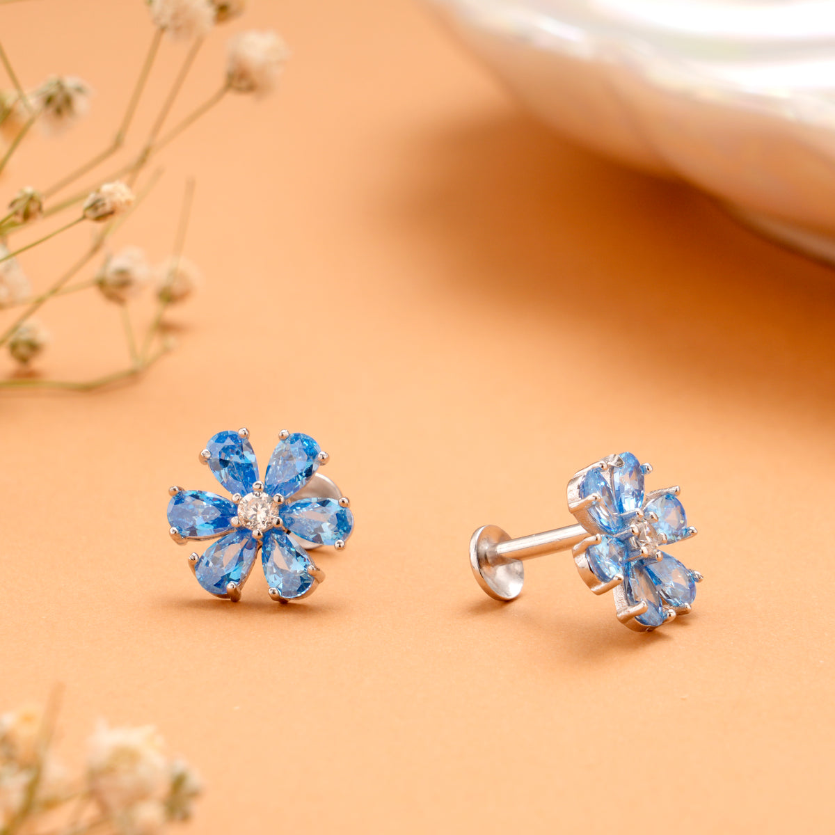 Elegant Blue Blossom Stone Silver Stud