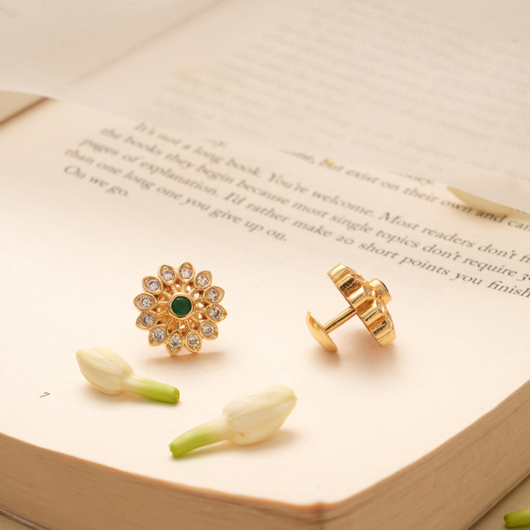 Blossom Floral Emerald Kundan Golden Stud